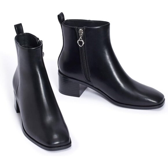Genshuo Ankle Boot Women Size (7-9) Black Polyurethane Zipper Chunky Heel - Picture 9 of 9